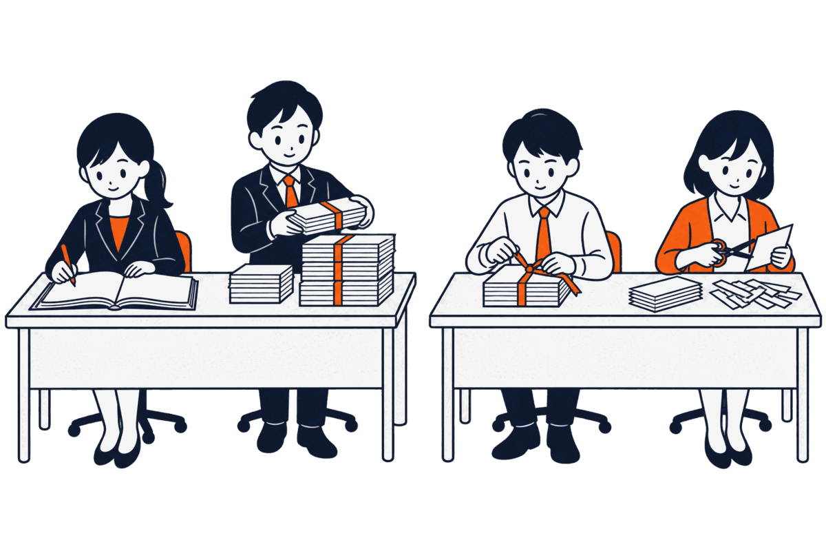 職員が帳簿の数字を書き換え、代表者が新しい株券の束を積み上げる。別の机で株券を束ねる人と切り刻む人