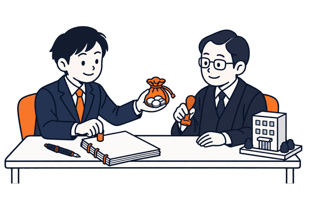 一人の人物が綴じた書面に署名して印を押し、もう片方の手で硬貨の袋を差し出す。向かいに公証人