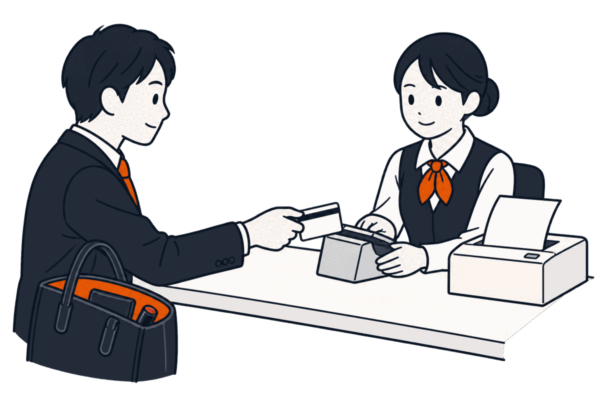 会社の代表者が交付窓口で磁気帯付きのカードを差し出し、職員が印鑑証明書を打ち出している
