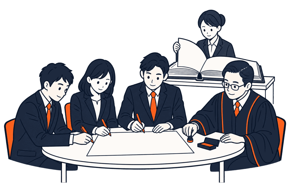 数人が円卓を囲んで定款に署名し、横で公証人が印を押す。奥で登記所の職員が帳簿の新しいページを開く。硬貨の袋はない