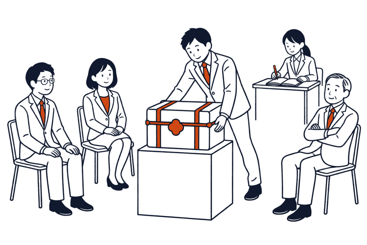 設立者が財産の箱を台座に置き、周りに評議員たちが座る。奥で職員が帳簿に評議員の名を書き込む