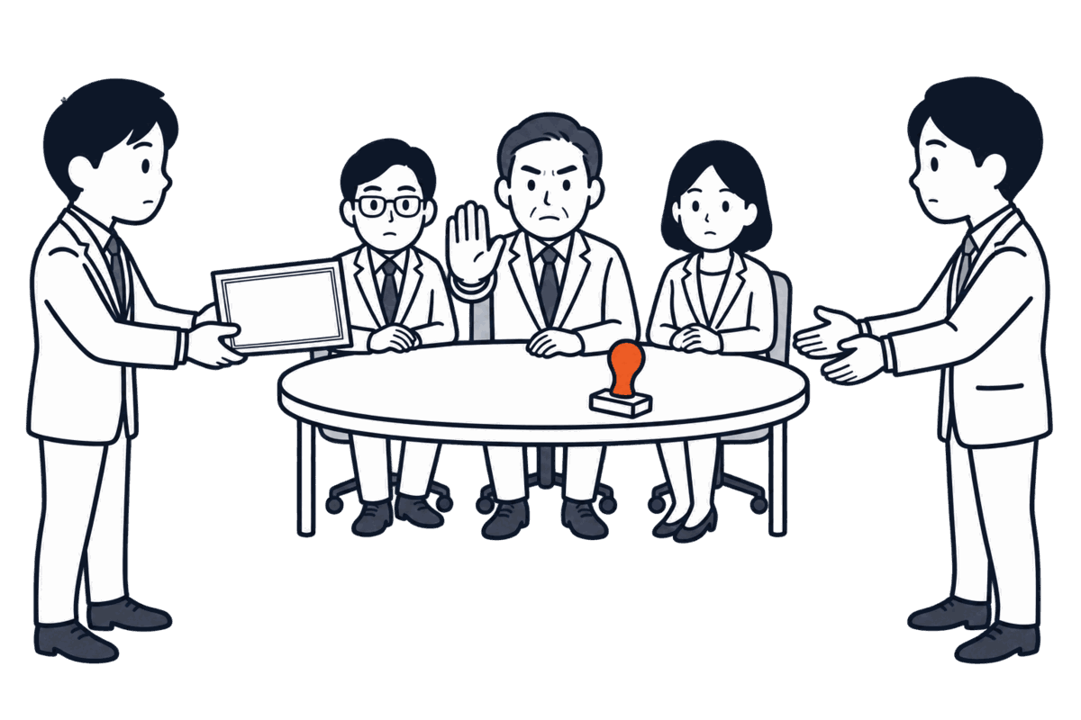 株主が株券を買い手に渡そうとし、間に取締役会の円卓が割って入り承認の判が置かれている