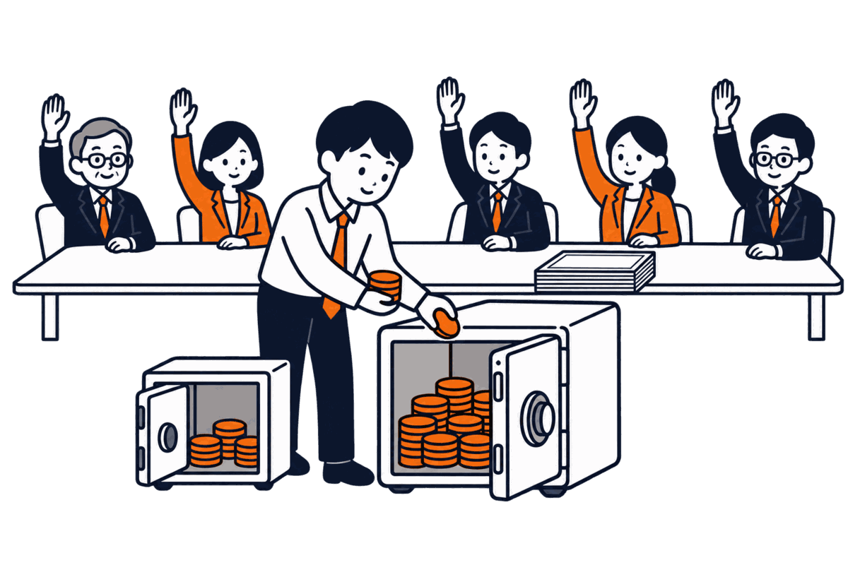 小さな金庫から大きな金庫へ硬貨を移す経理係、長机で挙手する株主、株券の束には手を触れない