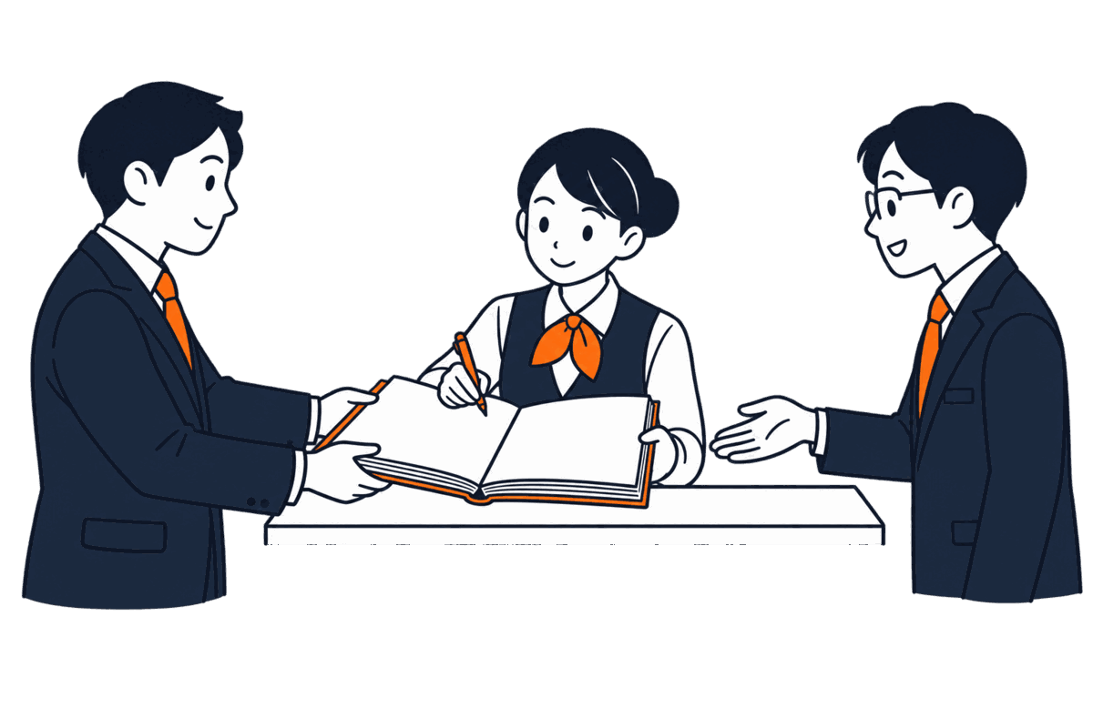 代表者が大きな株主名簿を信託銀行の窓口に預け、担当者が名簿を書き換え、横で株主が閲覧を求める