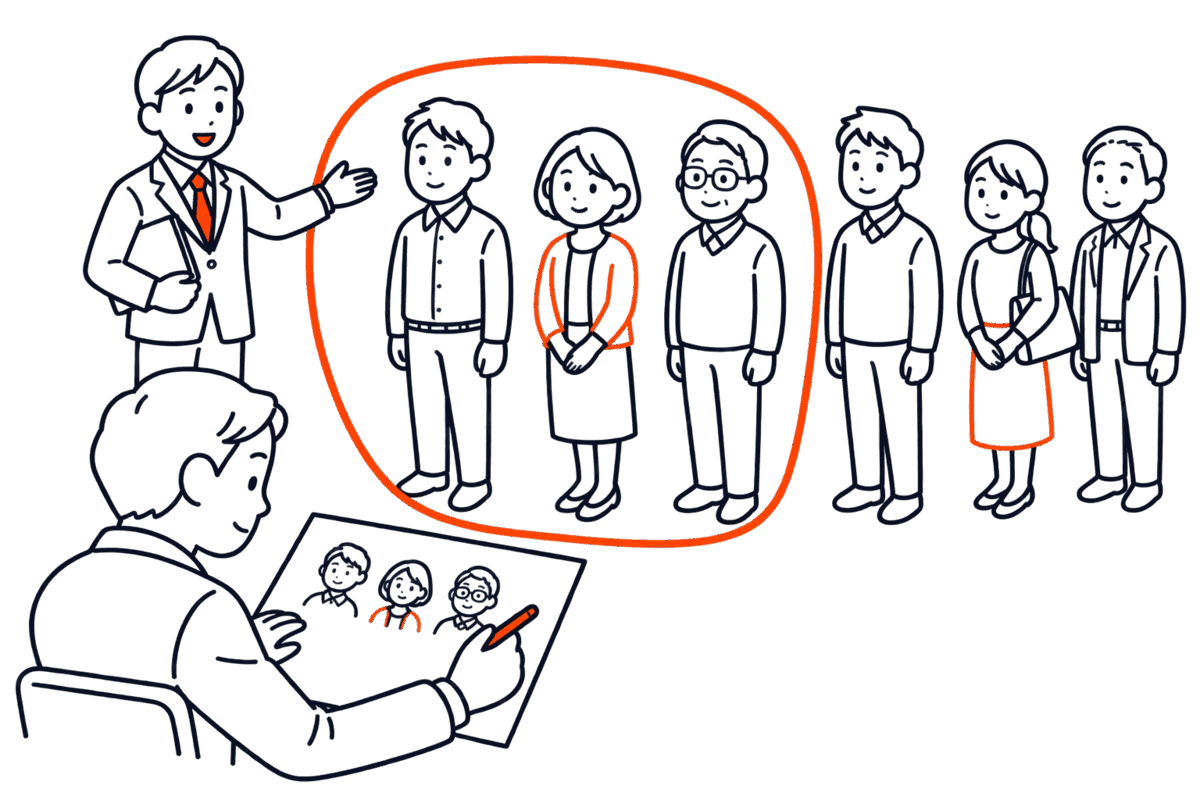 一列の株主のうち先頭の数人を囲み線で示し、代表者が一覧に書き入れる