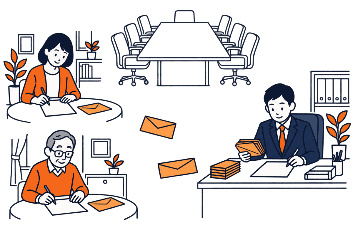 会議室は空席のまま、株主が自宅で同じ提案書に署名し封筒を会社へ送る。社長が議事録を作る