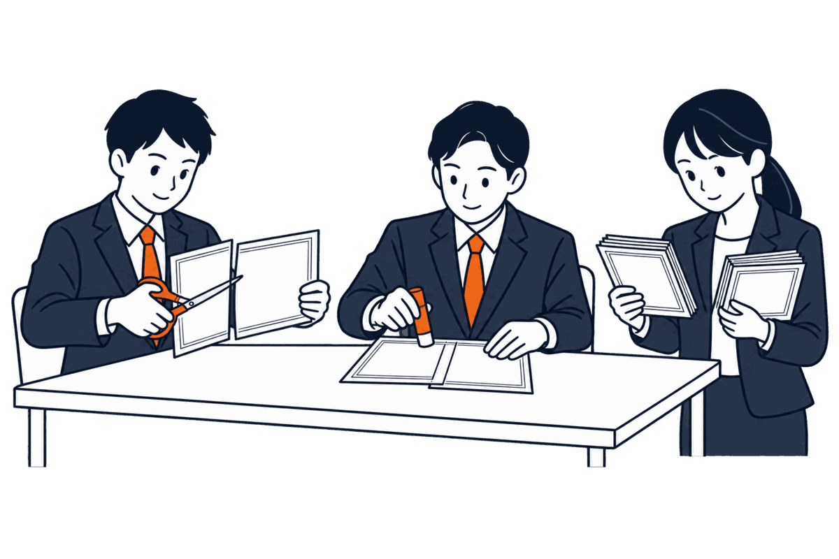 一枚の株券を鋏で二枚に切る代表者と、二枚を一枚に貼り合わせる別の代表者。株主が持ち分を見比べる