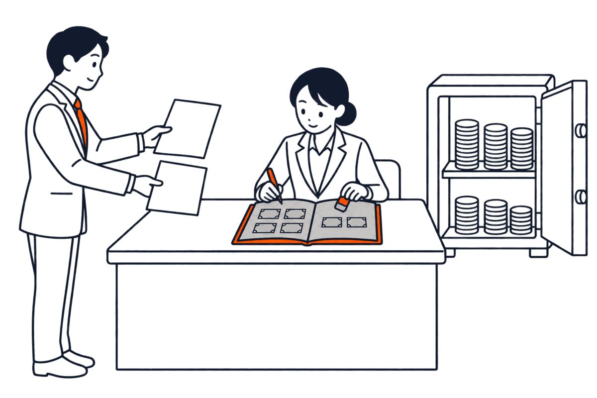 司法書士が窓口に申請書と議事録だけを差し出し、職員が帳簿の株式の数を減らして書き直す。金庫の硬貨は手つかず