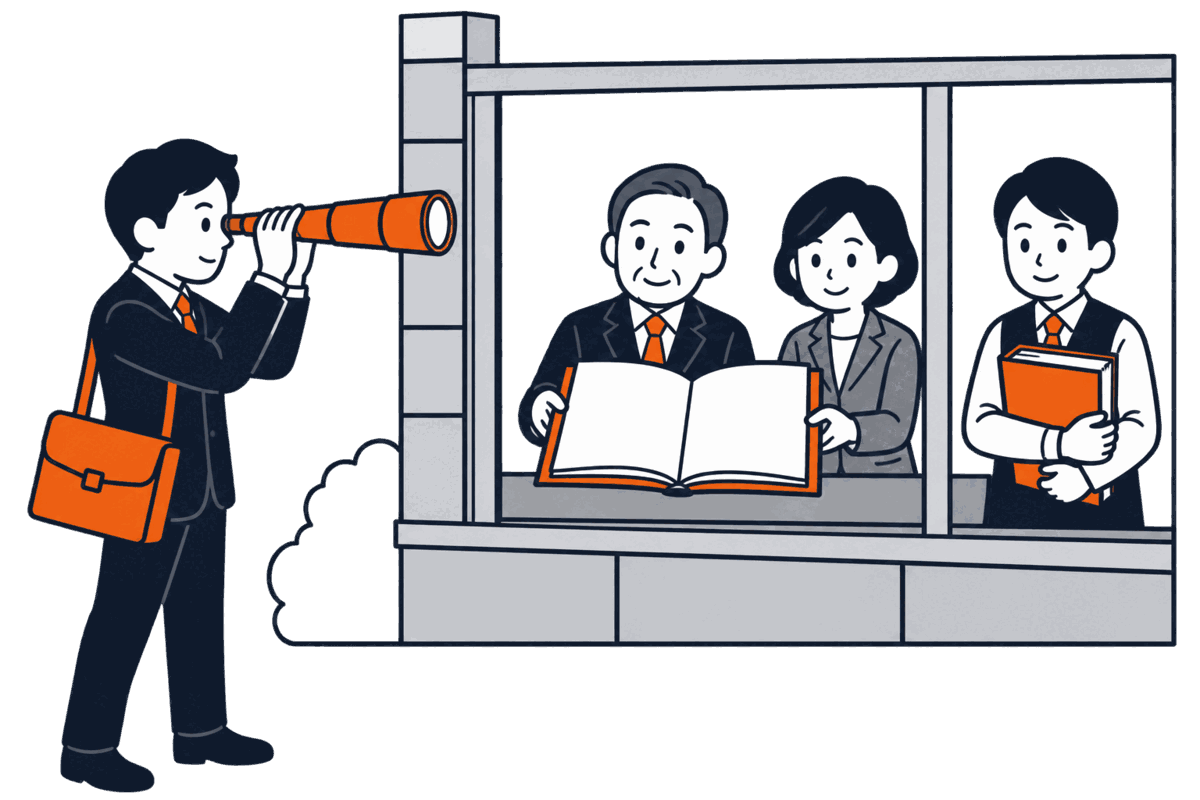 窓越しに社内の帳簿を望遠鏡で確かめる監査法人の人物と、帳簿を差し出す社長と監査役