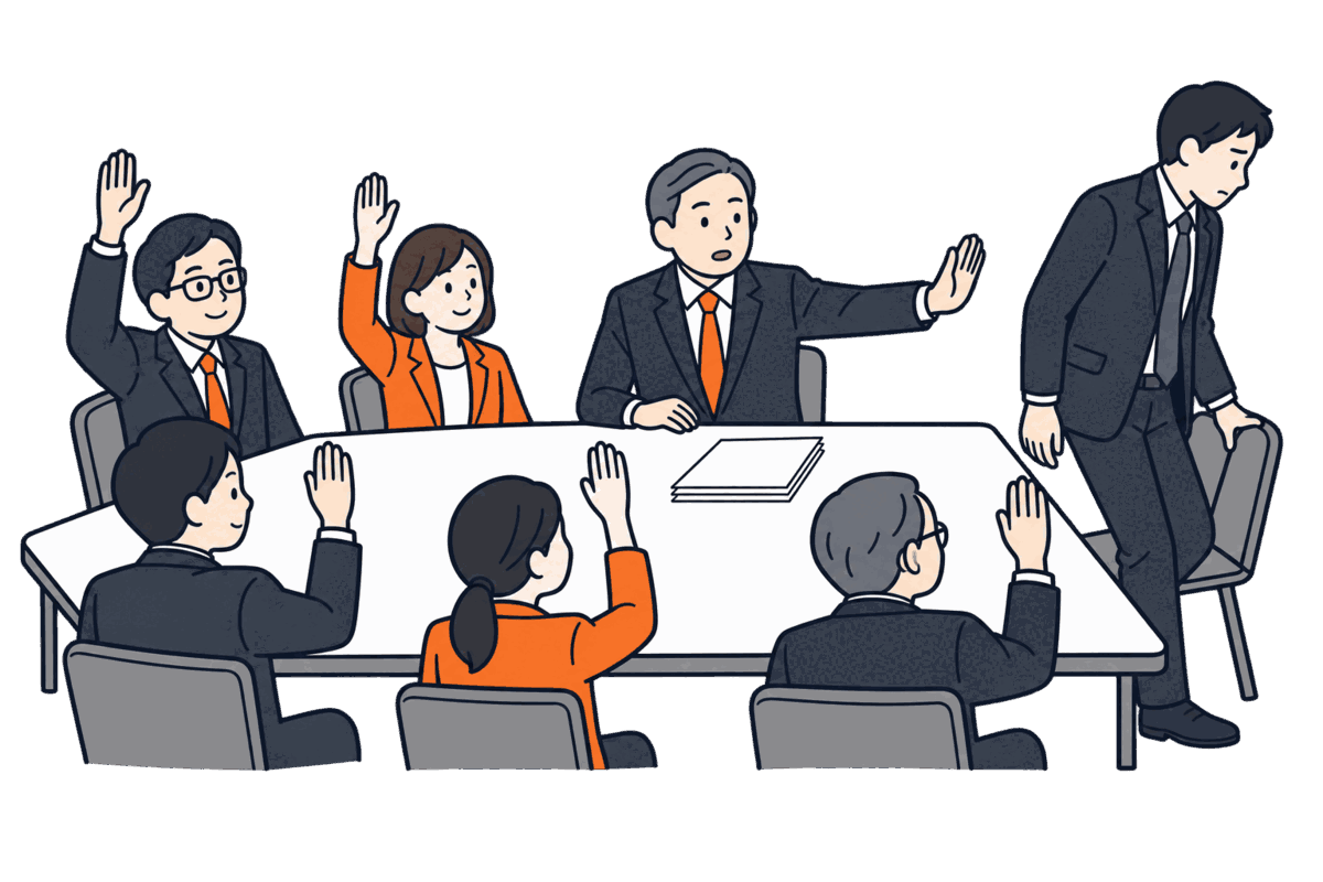 株主たちが挙手し、議長が一人の役員に退席を促している