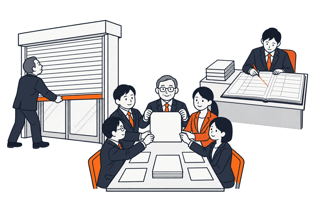 会社のシャッターを半分下ろす代表者と、長机で決議の書面を掲げる株主たち。奥で登記所の職員が帳簿の役員の欄に斜線を引いている