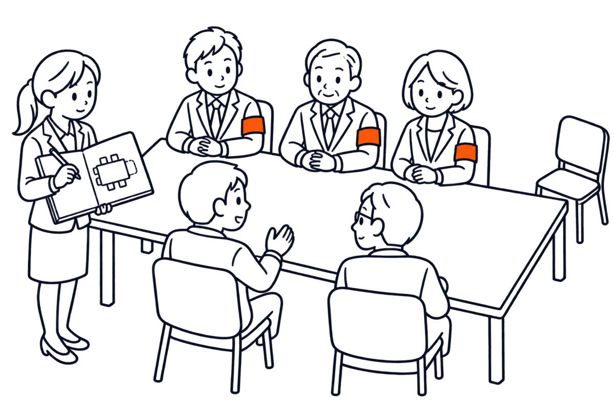 会議机の片側に腕章の三人の取締役が並び、監査役の席は片付けられている