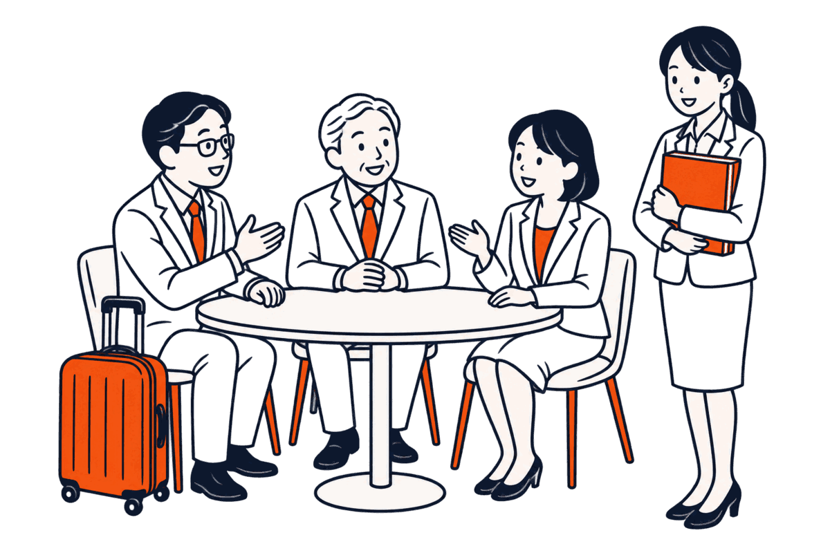 円卓を囲む三人の監査役と、旅行鞄を置いた社外監査役、登記簿を抱えた係員