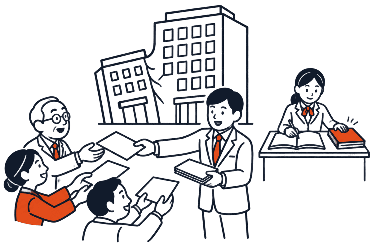小さい会社の建物が大きい会社に吸い込まれるように重なり、大きい会社の代表者が小さい会社の株主に株券を配る。職員が一方の帳簿を閉じ、もう一方に書き足す