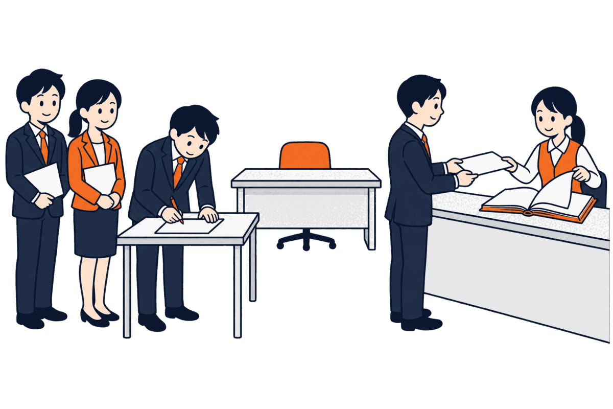 出資者たちが定款に順に署名し、公証人の机は空。窓口に書類を出すと職員が帳簿の新しいページを開く