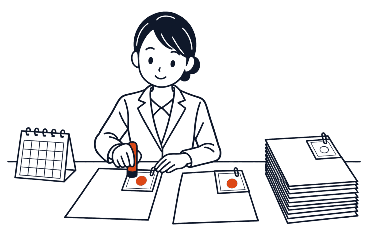 書類の束のうち印鑑証明書の付いた数枚だけに職員が印を付け、残りは押印欄が空のまま脇に積まれている
