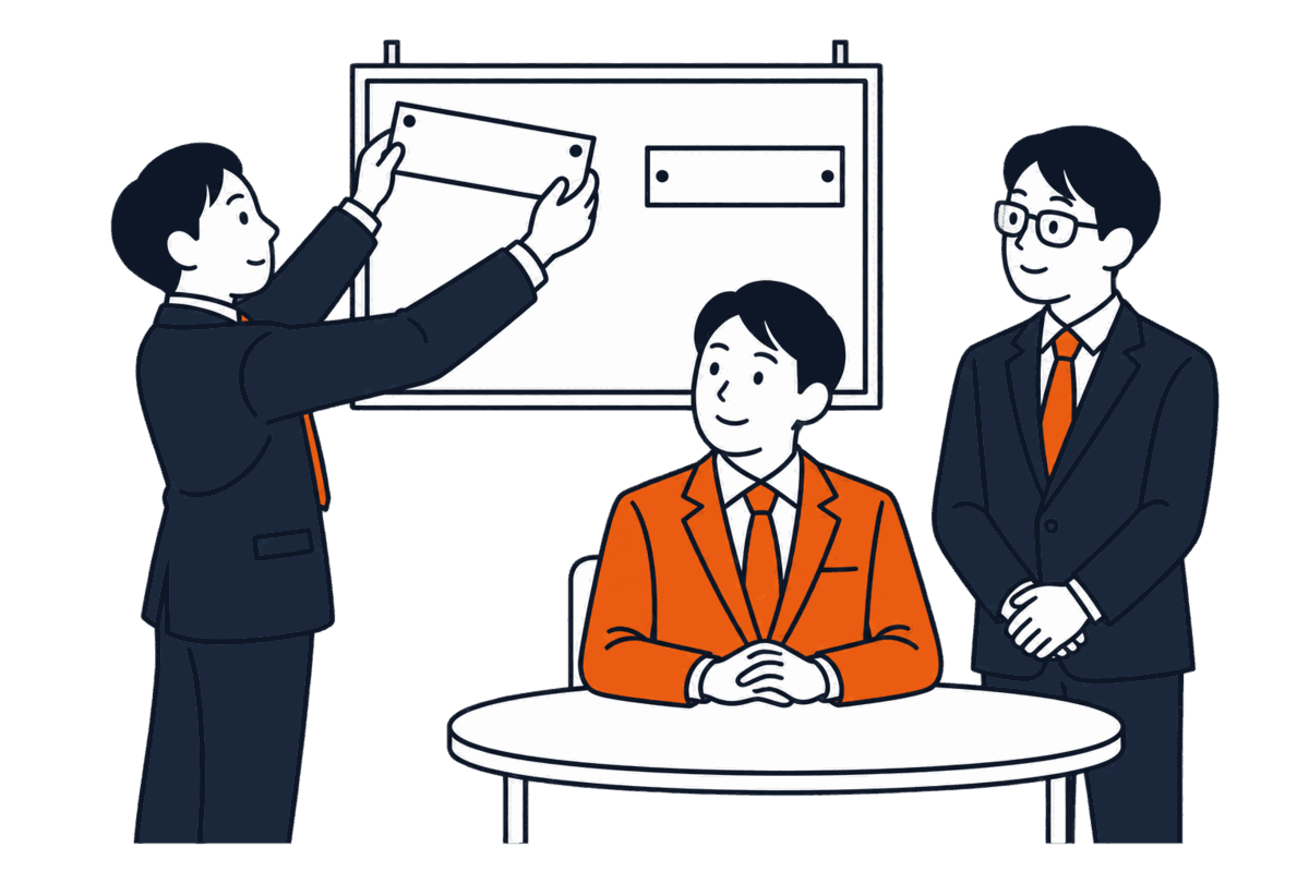 掲示板の組織図から取締役の札を職員が外し監査役の札だけが残る。手前で清算人が円卓に着き横に監査役が立つ