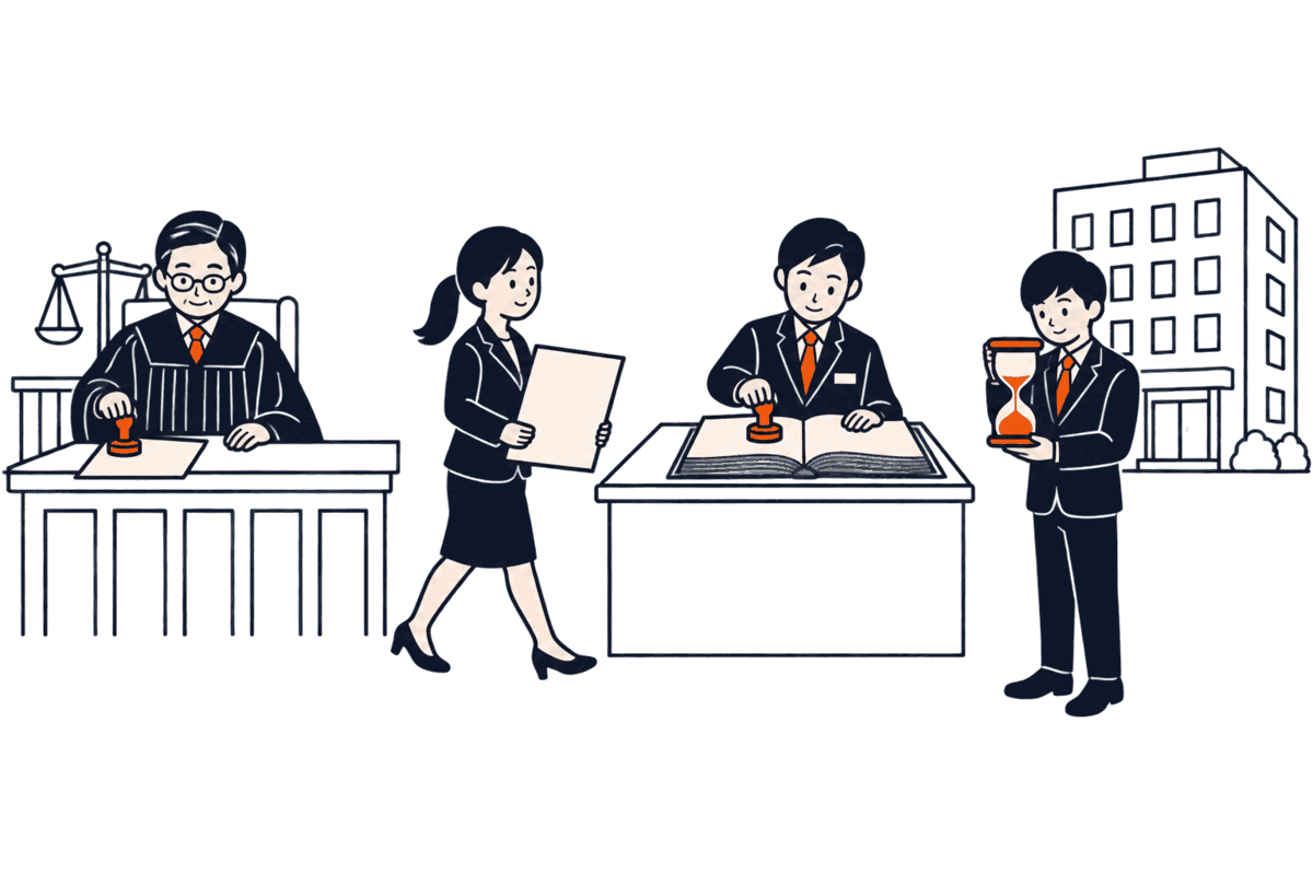 裁判官が判決書に印を押し、裁判所書記官がそれを持って登記所の窓口へ向かう