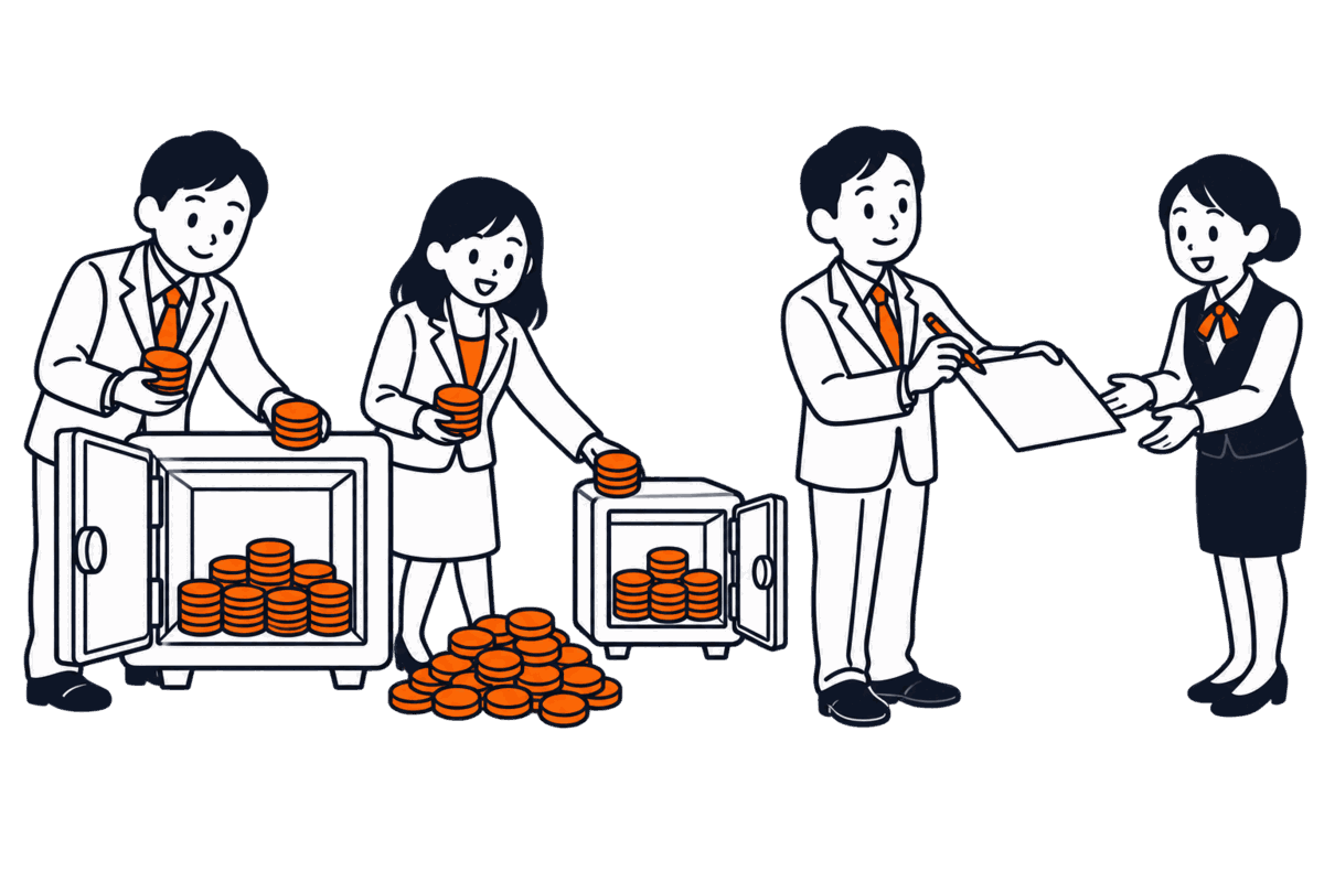 発起人二人が硬貨の山を大きな金庫と小さな金庫に分け入れ、設立時代表取締役が証明書に書き留める