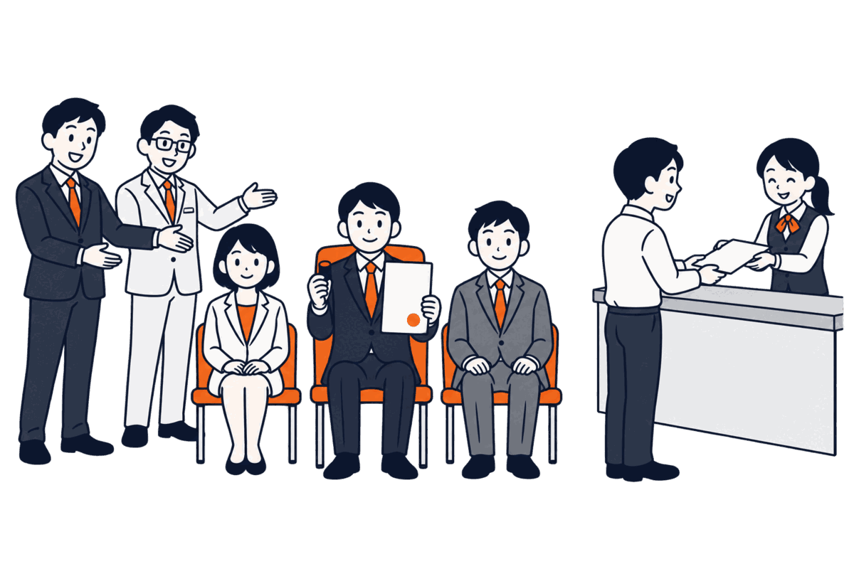 発起人二人が三人を席に座らせ、中央の一人が代表の椅子で印を押した承諾書を掲げる
