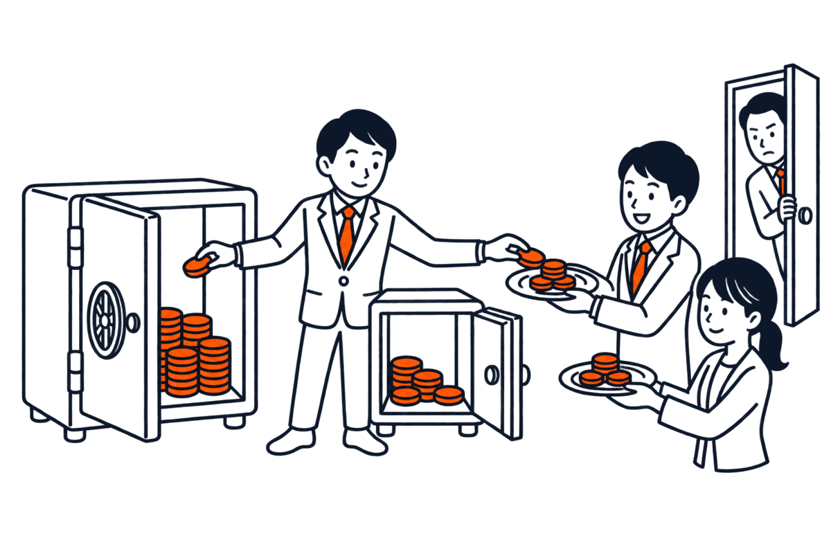 小さな金庫から経理係が硬貨を取り出し、一部を大きな金庫へ、残りを株主の皿へ分ける。外で債権者が覗く