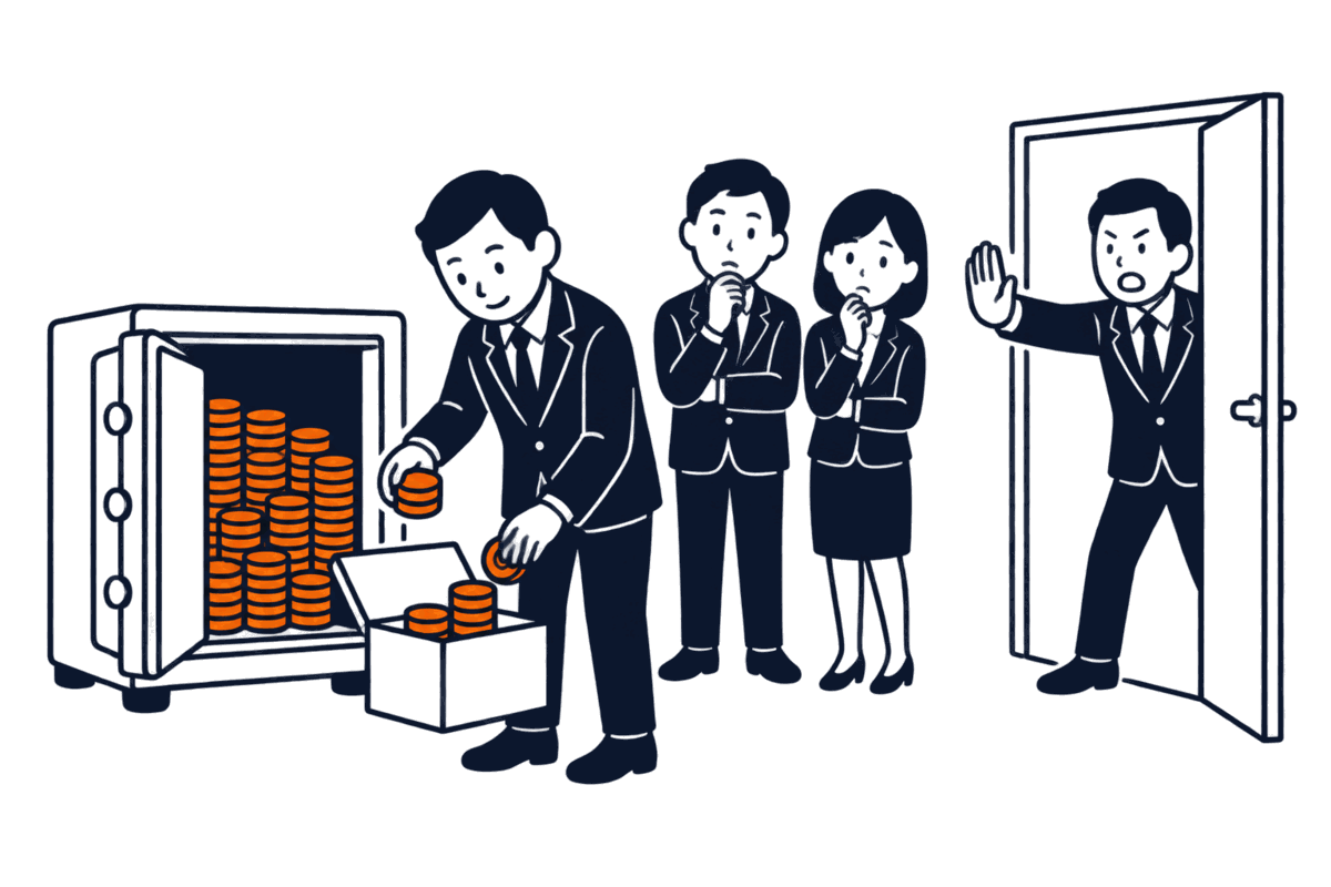 大きな金庫から硬貨を小さな箱に移す代表者、見守る株主たち、扉の外で手を挙げる債権者