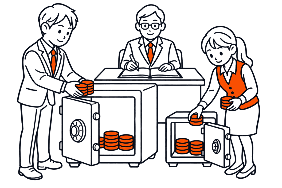 大きな金庫に硬貨を入れる代表者と、半分を隣の小さな金庫に分ける経理係。奥で職員が帳簿に記入