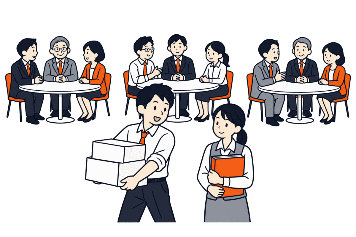 三つの円卓に三人ずつ座る取締役と、腕まくりで荷物を運ぶ執行役