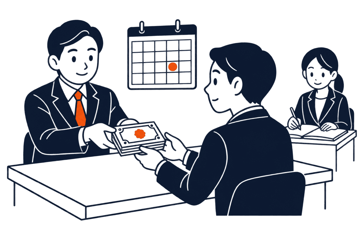 会社の代表者が投資家に株券の絵の付いた札の束を手渡し、壁のカレンダーの一日に印が付き、奥で登記所の職員が帳簿に書き込んでいる
