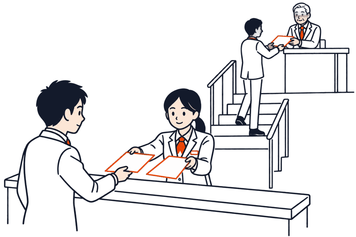 窓口の職員が却下の書面を差し出し、申請人が不服の書面を同じ窓口に出す。階段の上で法務局長が書類を受け取る