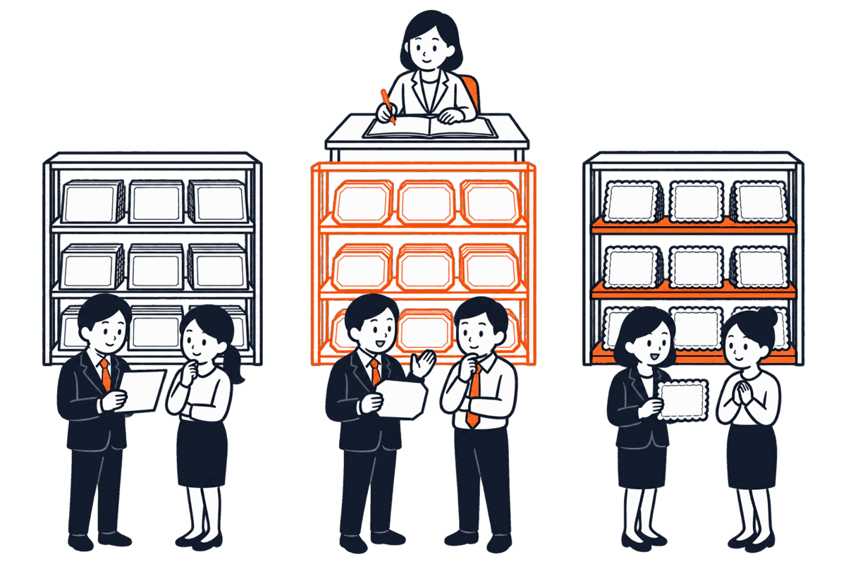 三つの棚に形の違う株券が分けて並び、それぞれの前に別の株主の一団。奥で職員が棚ごとの数を記入