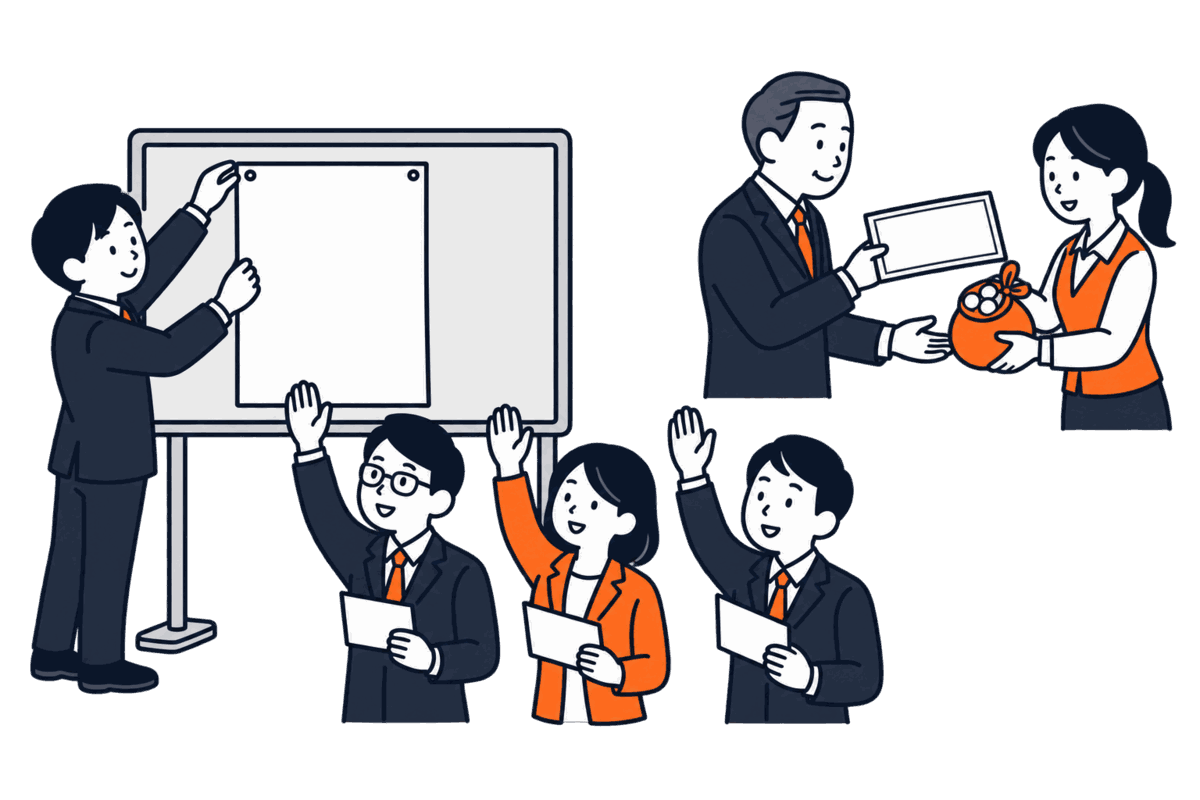 代表者が掲示板に大きな紙を貼り、手紙を受け取った債権者たちが手を挙げる。隅で株主が株券を差し出して硬貨の袋を受け取る