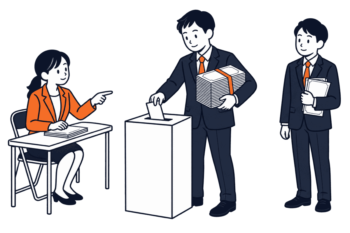 投票箱の前で百枚の株券を束ねた株主が一票を入れ、数枚しか持たない株主は列の外で見ている