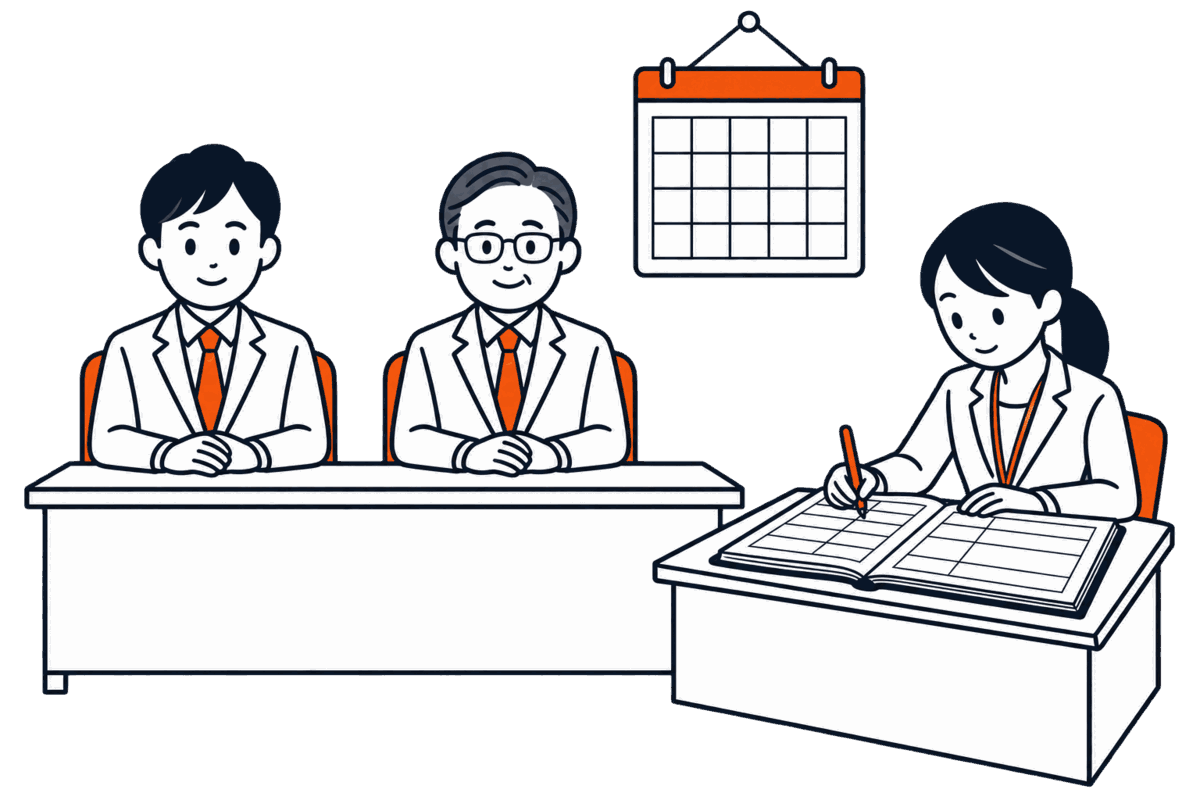 小さな会社の机に二人の取締役が座り、カレンダーに期限の印がない。職員が帳簿に取締役の住所まで書き、監査役の欄に印を打たない