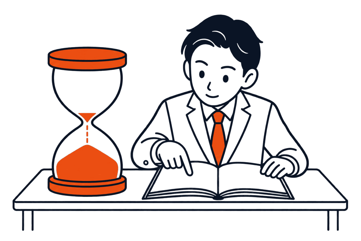 机の上の大きな砂時計と、定款を開いて日付を指さす社長