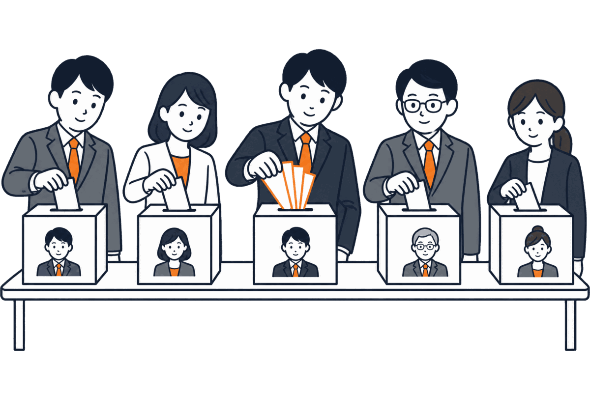 株主総会で株主が投票用紙を箱に入れ、一人が複数の票を一人の候補者に集中している