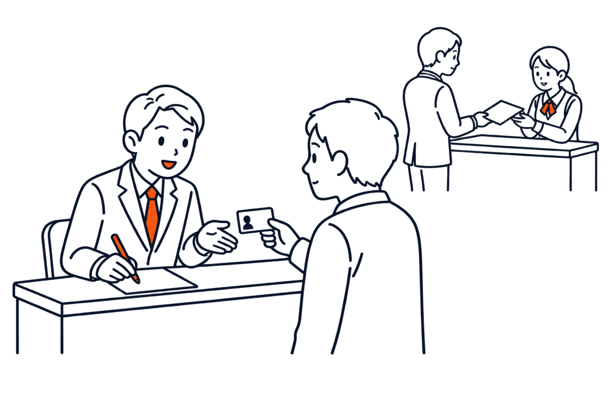 登記所の職員が申請に来た人物に身分証の提示を求め、調書を書いている
